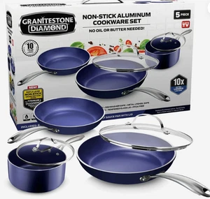 Granitestone Diamond Nonstick Pots and Pans Set 5 Piece 5 Cookware Set, Blue - Picture 1 of 6