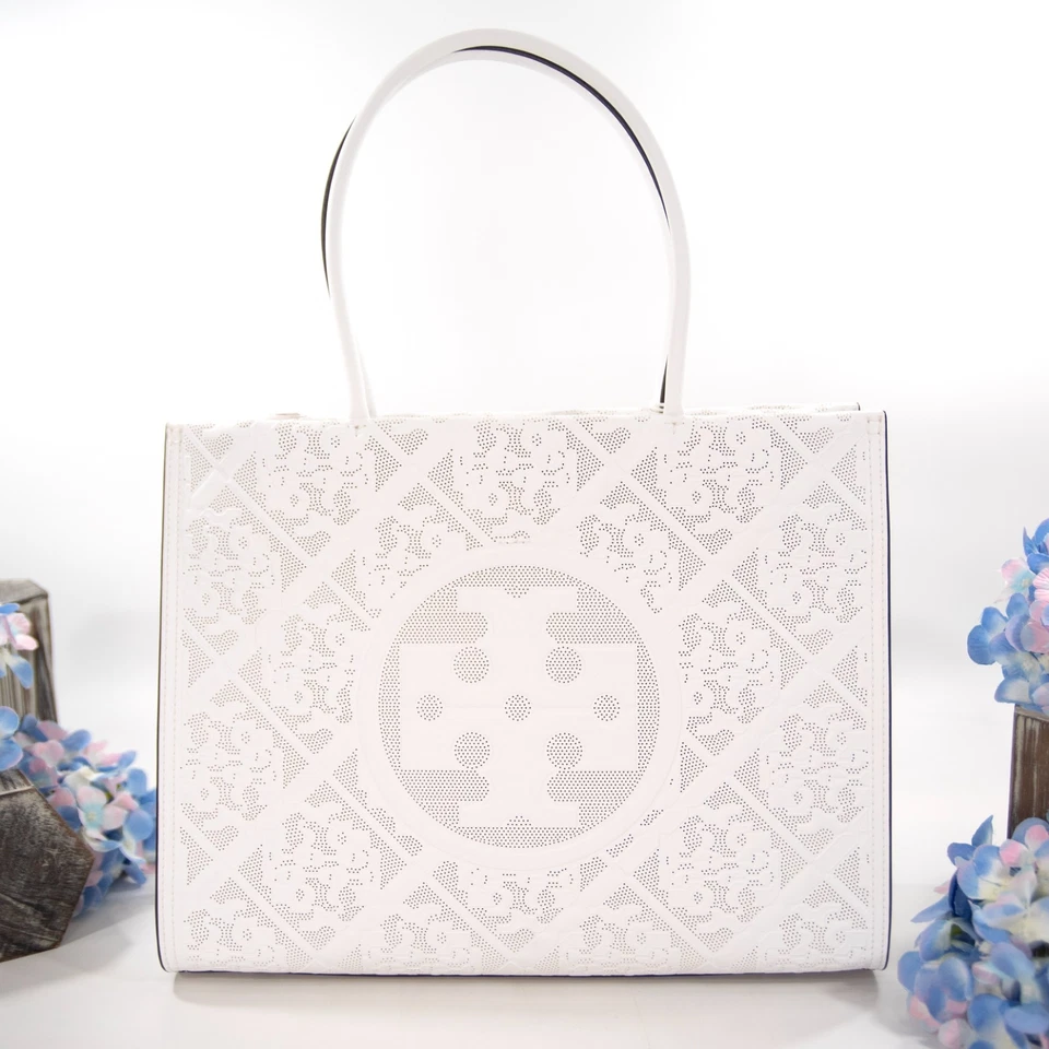 Bolso de Mano Pequeño Tory Burch Ella Blanco Perforado Floral Cuero Bio Vegano Nuevo con Etiquetas Foto 1 de 4