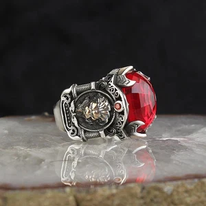 925 Sterling Silver Men's Ring with Lion Symbol and Crystal Cut Zircon Red Stone - Picture 1 of 5