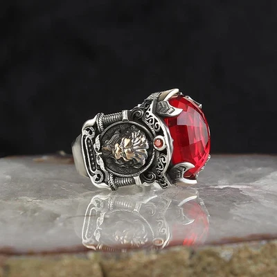925 Sterling Silver Men's Ring with Lion Symbol and Crystal Cut Zircon Red Stone - Image 1 of 4