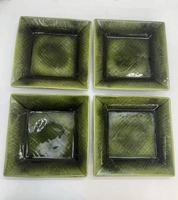 Target Home Asian Linen Set of Four Plates Square Cross Hatch Green Stoneware - Image 1 of 4