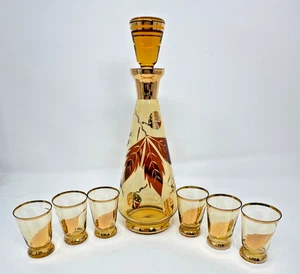 Vintage MCM Czech Bohemian Gold Leaf Crystal Amber Decanter and Shot Glass Set - Picture 1 of 16