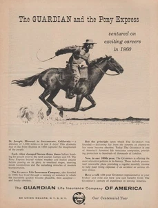 1959 The Guardian Life Insurance -"Pony Express 1860" Cowboy Rider -Print Ad Art - Picture 1 of 1
