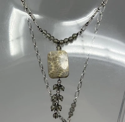 Sterling Silver 19” Necklace Fossil Coral Pendant w/ Smoky Quartz Beads - Image 1 of 4