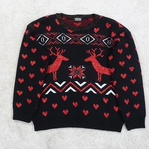 Oyisis Christmas Jumper Womens Medium Red Glitter Reindeer Heart Fair Isle Knit - Picture 1 of 10