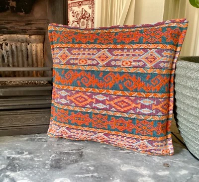 Kilim Cushion Cover 40x40cm - Colourful Aztec Stripes, Ethnic Farmhouse Decor - Image 1 of 4