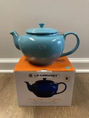 "Turquoise" LE CREUSET 44 oz Large Stoneware 1Qt Teapot Stainless Steel Infuser - Image 1 of 4