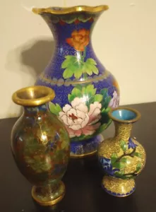 Antique Vase Chinese Cloisonne Cobalt Blue Turquoise bird set of 3 brass enamel  - Picture 1 of 11