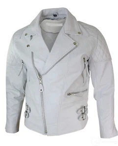 Men's Vintage Classic White Cafe Racer Motorcycle Biker Genuine Leather Jacket - Picture 1 of 4