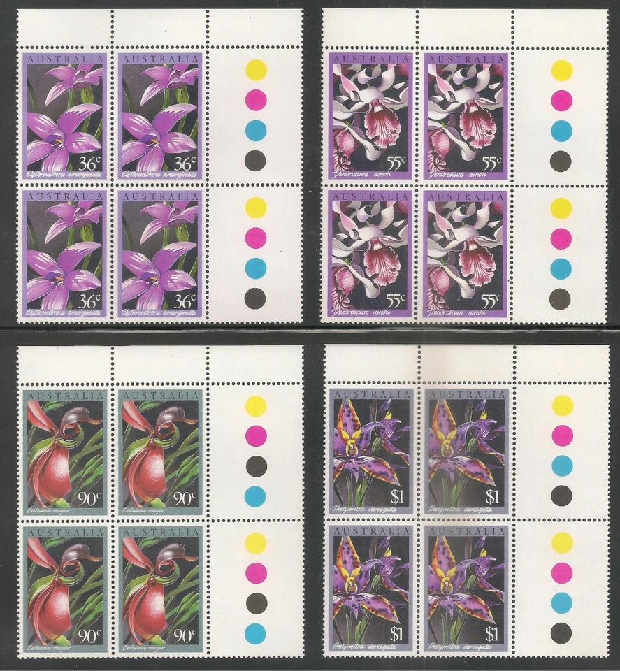 Australia #997-1000 VF MNH 1986 36c to $1 Orchids - Traffic Light Margin Blocks  - Image 1 of 1