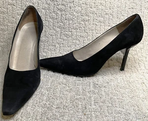 VTG Chanel Black Suede Pumps Womens 39 US 9 Shoes Logo Heels Sculpted COA - Picture 1 of 15