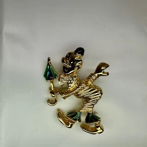 Clown Brooch Pin Gold Tone Green Enamel Umbrella Rhinestone Bow Tie Costume - Picture 1 of 11