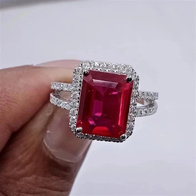 6.20Ct Natural Ruby & Diamond Emerald Cut Engagement Ring 14K White Gold - Image 1 of 4