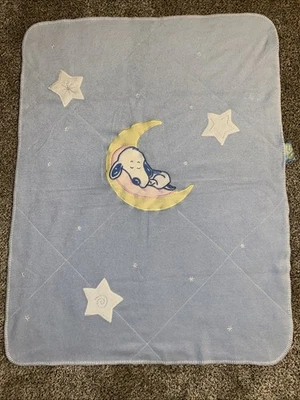 VTG?  Lambs & Ivy Baby Snoopy Moon Stars Blue Baby Blanket 3 - Image 1 of 4