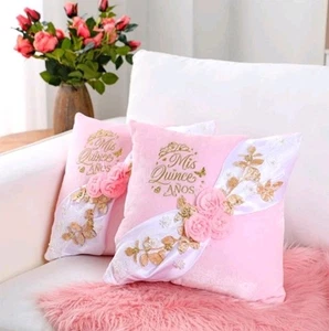 2 Pcs Cojines para 15 Años De Quinceañera Pink Embroidered Pillow Case Cover Set - Picture 1 of 1