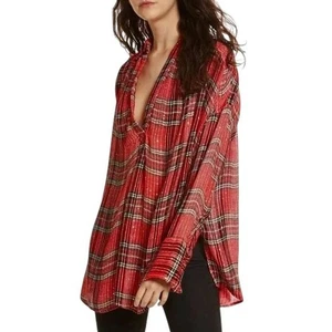 Free People Red Plaid Oversized Sequins Collared Shirt Women's Size XS | 62-39-3 - Picture 1 of 7