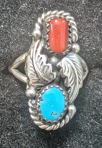 Vintage Navajo Turquoise & Coral Sterling Silver with Leaf Beads Ladies Ring 7.5 - Picture 1 of 5