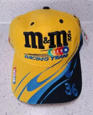 Vintage M&Ms Racing Team Hat Mens Yellow Blue NASCAR #36 Schrader Snapback - Image 1 of 4
