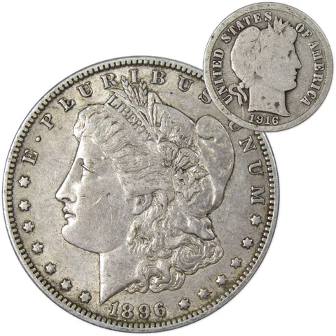 1896 O Morgan Dollar XF EF Extremely Fine with 1916 Barber Dime G Good Cover