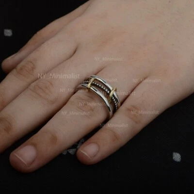 925 Sterling Silver & 14K Solid Yellow Gold Two Holding Diamond Triple Band Ring Foto 1 de 4