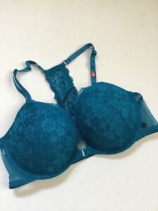 NWT Victoria Secret Push Up Bra 38C Teal Blue Lace Underwire Front Open