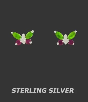 LAB CREATED PERIDOT & RUBY STUD BUTTERFLY EARRINGS .925 SILVER - NWT -Screw Back - Image 1 of 4