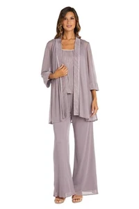 Women's  Petite Three-Piece Paneled  Sheer Jacket Pant Suit - Picture 1 of 10