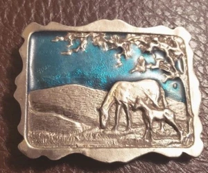 Belt Buckle Grazing Horse with colt silver-toned 2041 - 3" x 2¼" - Picture 1 of 5