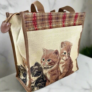 Signare Tapestry Shoulder Bag Kittens Design with Plaid Trim & Side Pocket - Picture 1 of 9