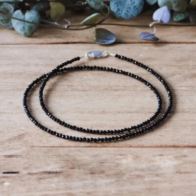 Collar de plata de ley 925 con piedras preciosas facetadas de turmalina negra genuina de 3 mm de 18" Foto 1 de 4