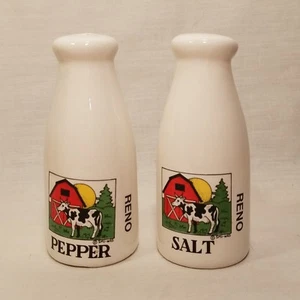Vintage Salt Pepper Shakers Reno NV Souvenir Milk Bottles Cow Farm Taiwan - Picture 1 of 4