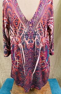 KIARA XL BLOUSE MULTI-COLOR PRINT V-NECK TUNIC WITH SEQUINS 3/4,SLEEVES - Picture 1 of 12