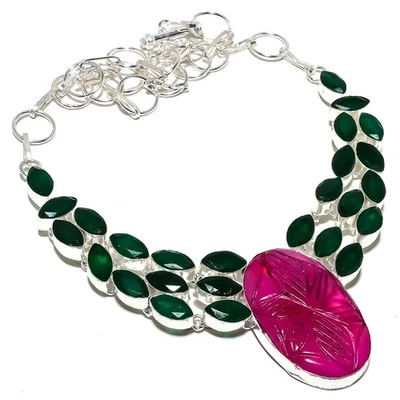 Rosso Finto, Giada Verde Gemma 925 Argento Sterling Gioielli Collana - Immagine 1 di 4