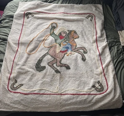 复古雪尼尔牛仔双尺寸床罩牧场西部牛仔农场 VGUC — 第 1/4 张图片