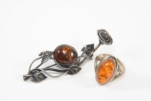 N89H17- Silber Schmuck mit Bernstein Brosche und Ring - Picture 1 of 12