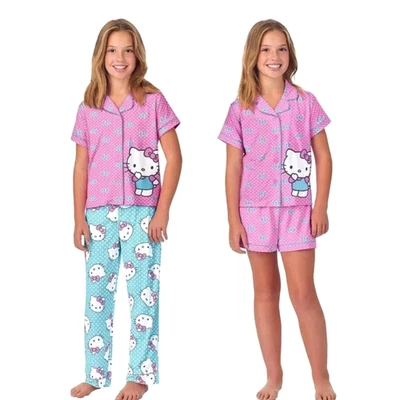 Hello Kitty пижамы комплект кнопка рубашка брюки шорты комплект девочек 7 8 10 12 14 16 розовый - Изображение 1 из 4