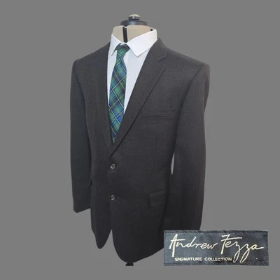 Andrew Fezza Men's Sport Coat Blazer Two Button Brown Herringbone Wool Size 48L - Image 1 of 4
