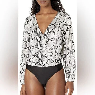 NWT BB Dakota Animal Print Satin Long Sleeve Cross Front Bodysuit Size Small - Image 1 of 4