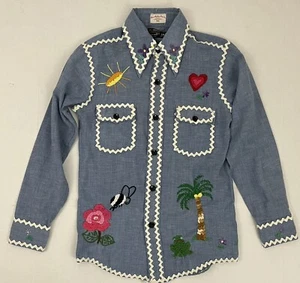 Vintage JC Penney Towncraft Denim Shirt Top Kids 14 Embroidered White Ric-rac - Picture 1 of 12