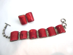 925 silver Red coral linked bracelet with toggle clasp and clip earrings set - Picture 1 of 13