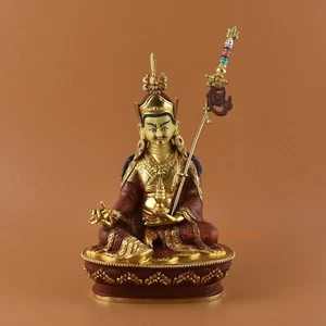 Hand Carved Face Painted 9" Guru Rinpoche Gold Gilded Copper Statue Patan, Nepal - Picture 1 of 4