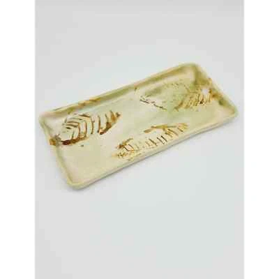 Studio Art Pottery Ceramic Candle Tray, Cream with Leaf Design, Earthen Candle - Image 1 of 4