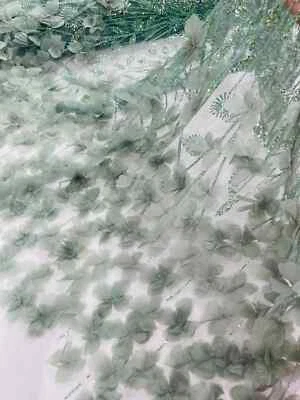 Tecido de miçangas verde sálvia 3D floral tecido borboleta por jarda, borboleta de luxo - Imagem 1 de 4