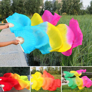 Colorful Tie-dyed Silk Bamboo Long Fan Veils Festival Stage Belly Dance Fans