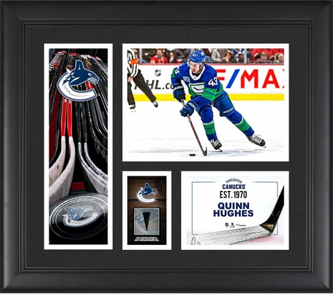 Quinn Hughes Vancouver Canucks Frmd 15" x 17" Player Collage & Piece of GU Puck Cover