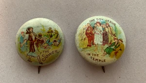 1930's David C. Cook The Sower & THE BOY JESUS IN THE TEMPLE pinback buttons - Picture 1 of 4