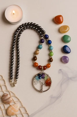 Tree of  Life Pendant Chakra Gemstone Necklace Hippy Boho Alternative - Image 1 of 4