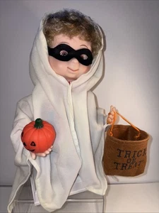 Vintage Animated Halloween Kids Child In Ghost Costume Moves w/Light Up Pumpkin - Picture 1 of 19