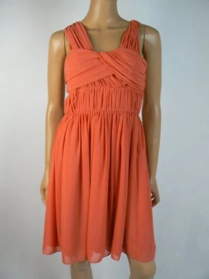 $138 BCBGeneration Orange Striped Chiffon Pleated Fit & Flare Dress 6 NEW B732 - Image 1 of 4