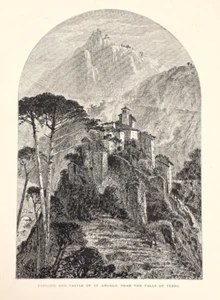 Italy View of Papigno Castle of St Angelo Falls of Terni woodcut prin  c1875 - Picture 1 of 3